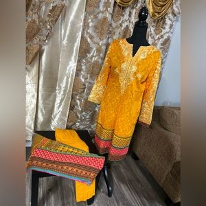 3 piece dress shirt,Shalwar and dupata. Mustard colour cotton
